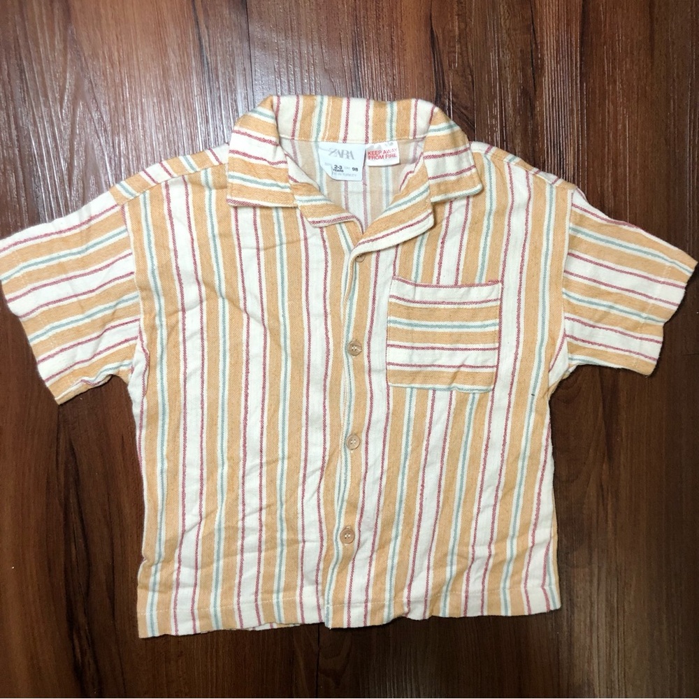 Zara Kids Toddler Cream Striped Short-Sleeve Button Shirt Size 2-3T